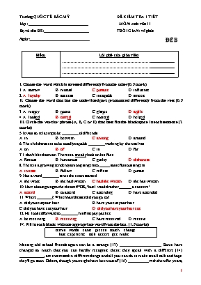 Đề kiểm tra 1 tiết môn Tiếng Anh Lớp 11 - Đề B - Trường quốc tế Bắc Mỹ